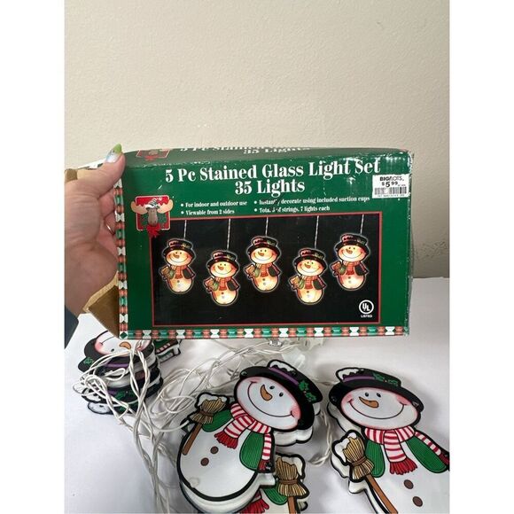 Vintage Snowman Christmas string lights 5 pc plastic stained glass in box - Picture 1 of 5